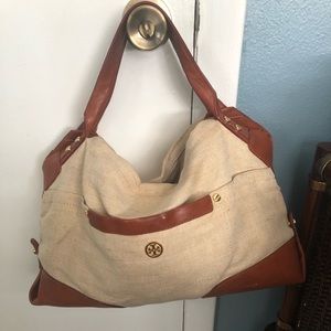Tory Burch beige and brown tan leather sides purse